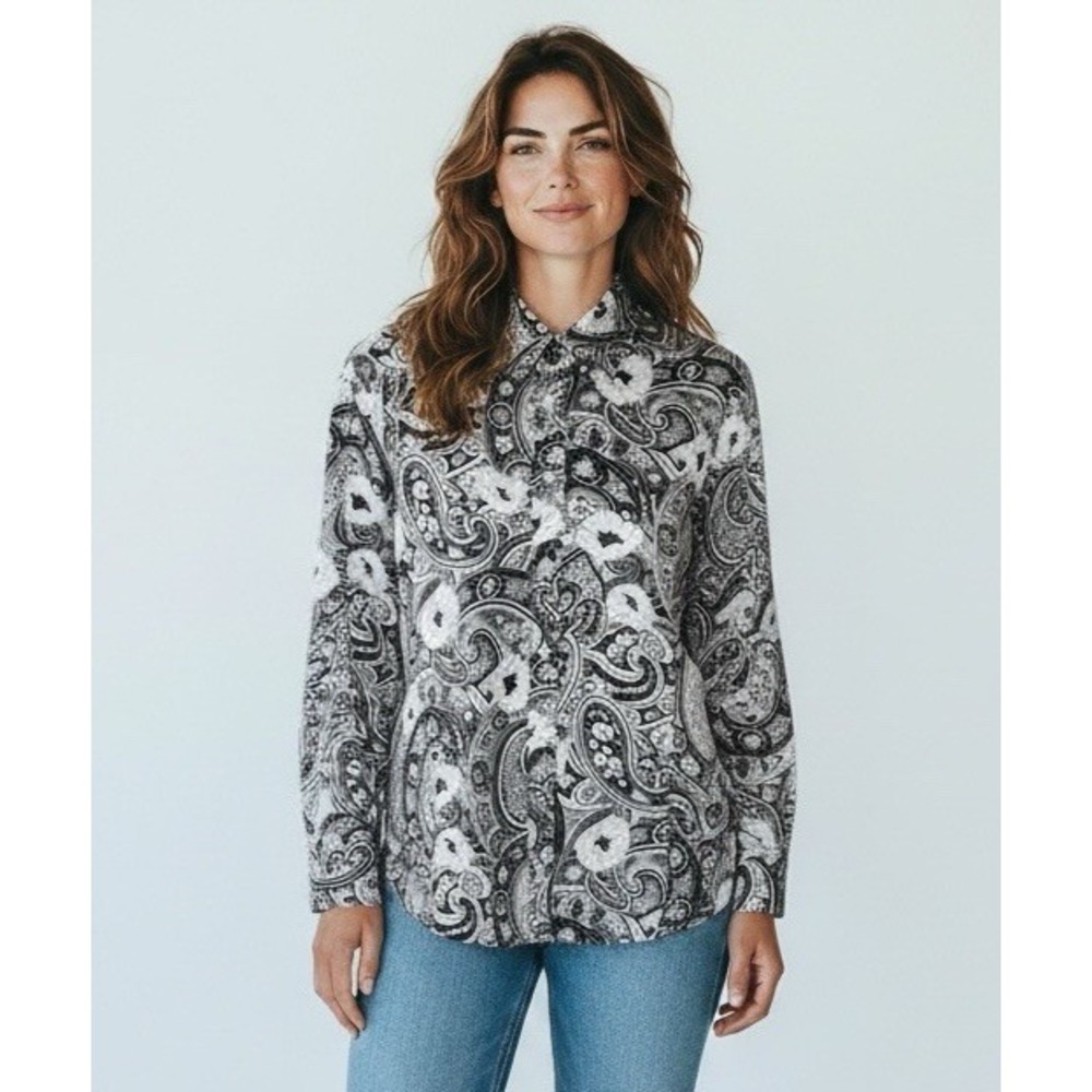 Talbots Women's 14 Fitted LS Button Up Non-Iron Shirt NEW B&W Paisley